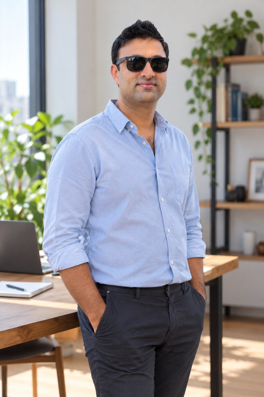 Fejoo in a light blue shirt in a working studio